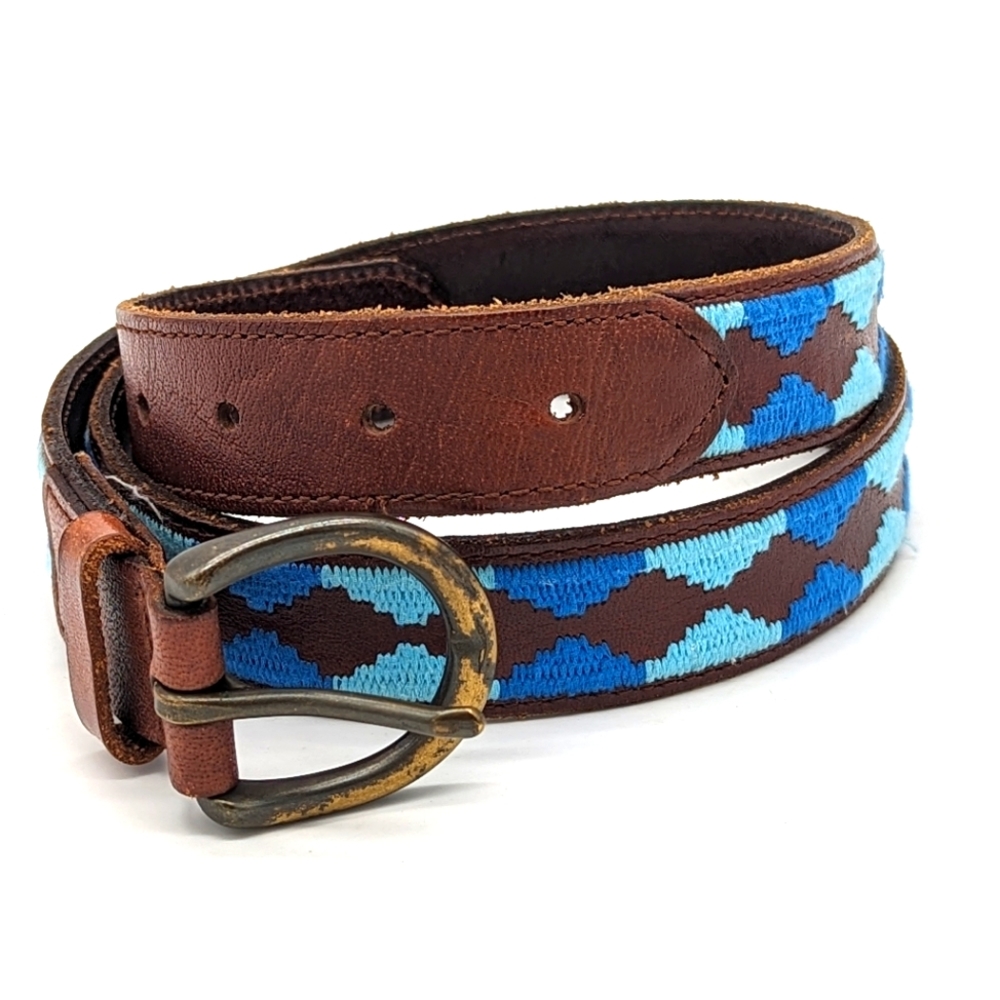 Rare Hollister Belt Blue Brown Diamond Stitch Genuine Leather